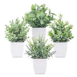 Set of Four Potted faux greens in White Pots